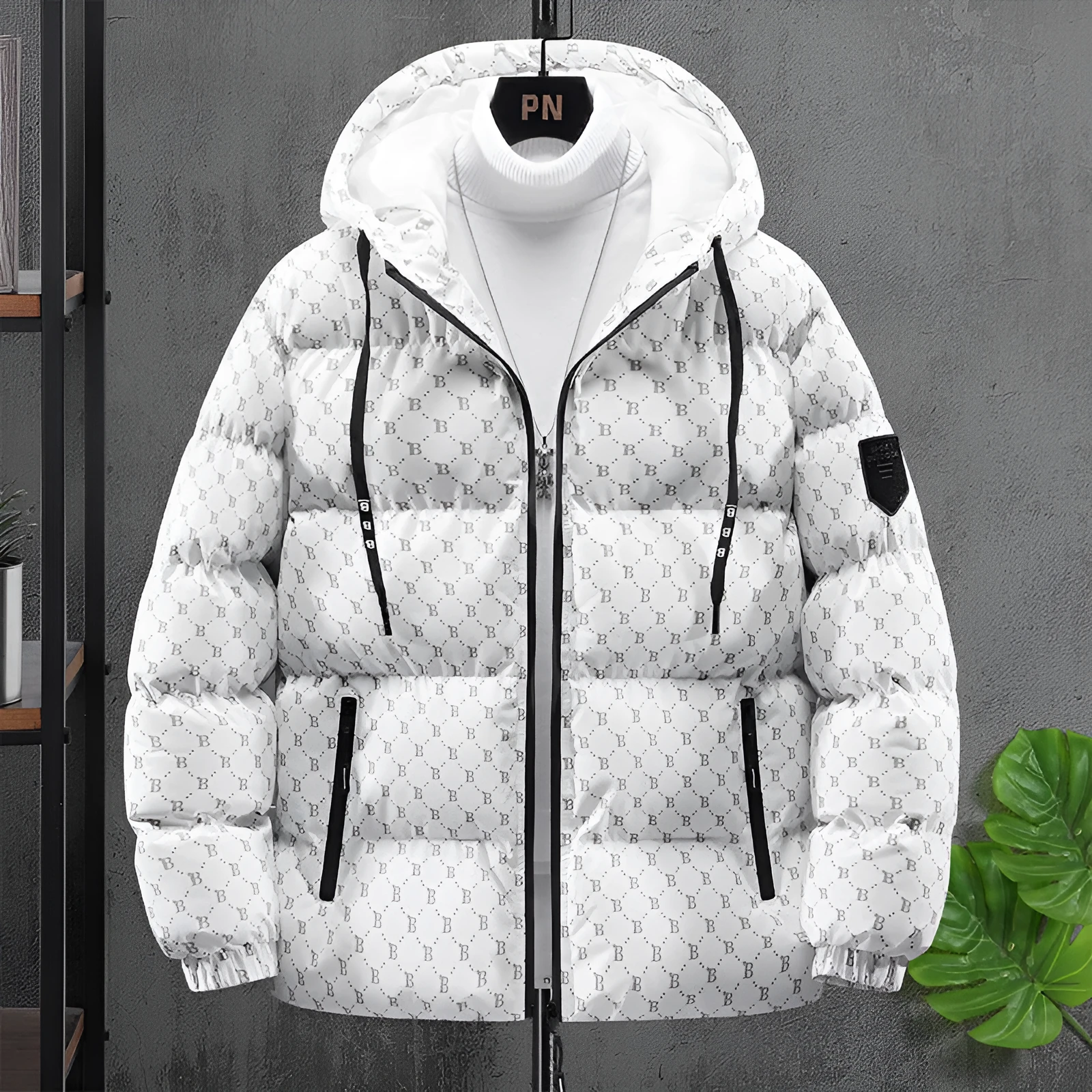 Men's winter casual hooded cotton coat in black, thickened padded cardigan style with side seam pockets
