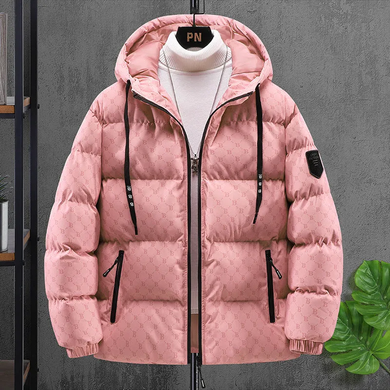 Men's winter casual hooded cotton coat in black, thickened padded cardigan style with side seam pockets