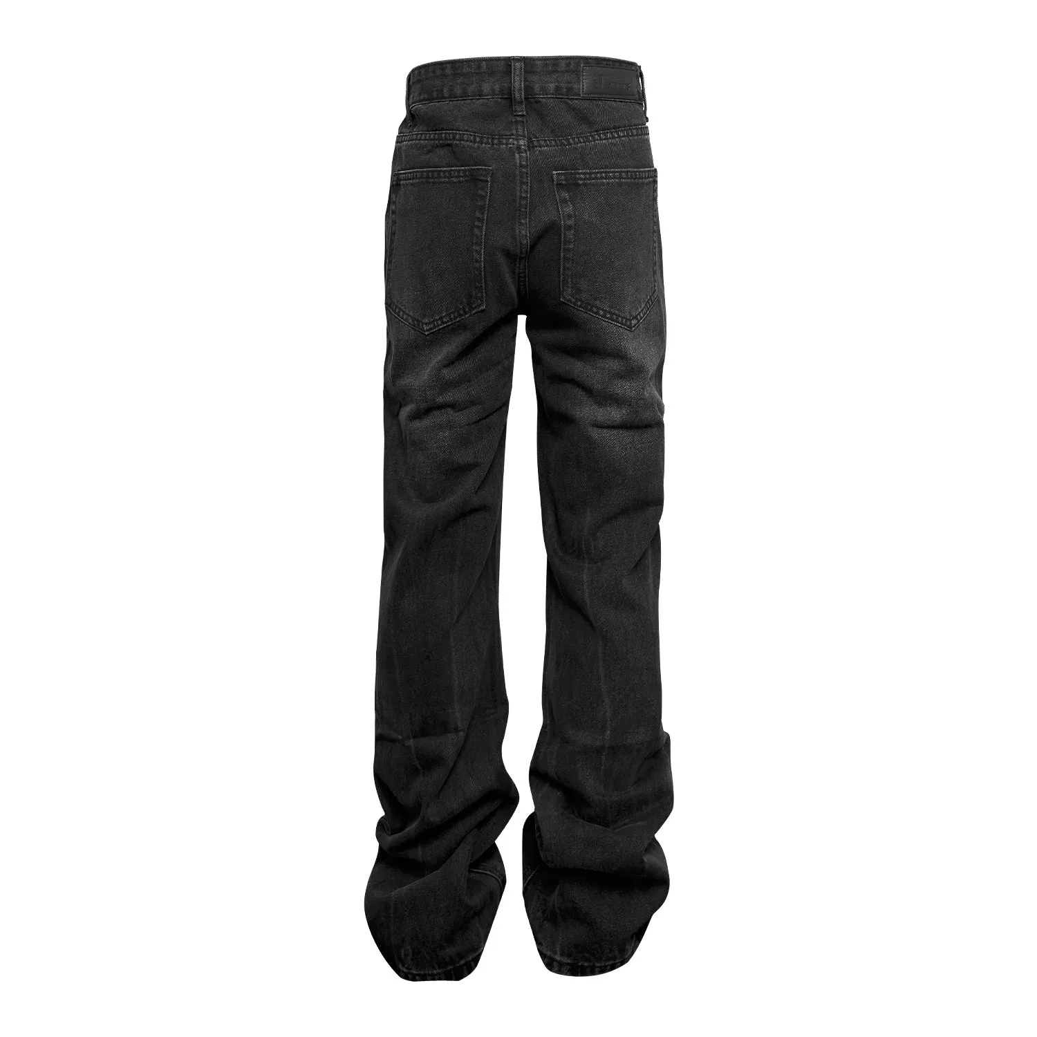 Black washed cracked denim trousers middle waist zipper fly men's regular length black jeans