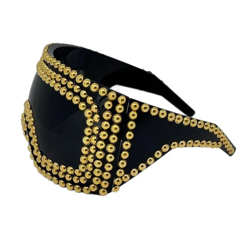 Men's punk style sunglasses with a large square frame and silver rivet details