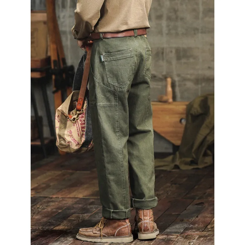 Retro army green casual men's loose straight cotton cargo pants with mid waist