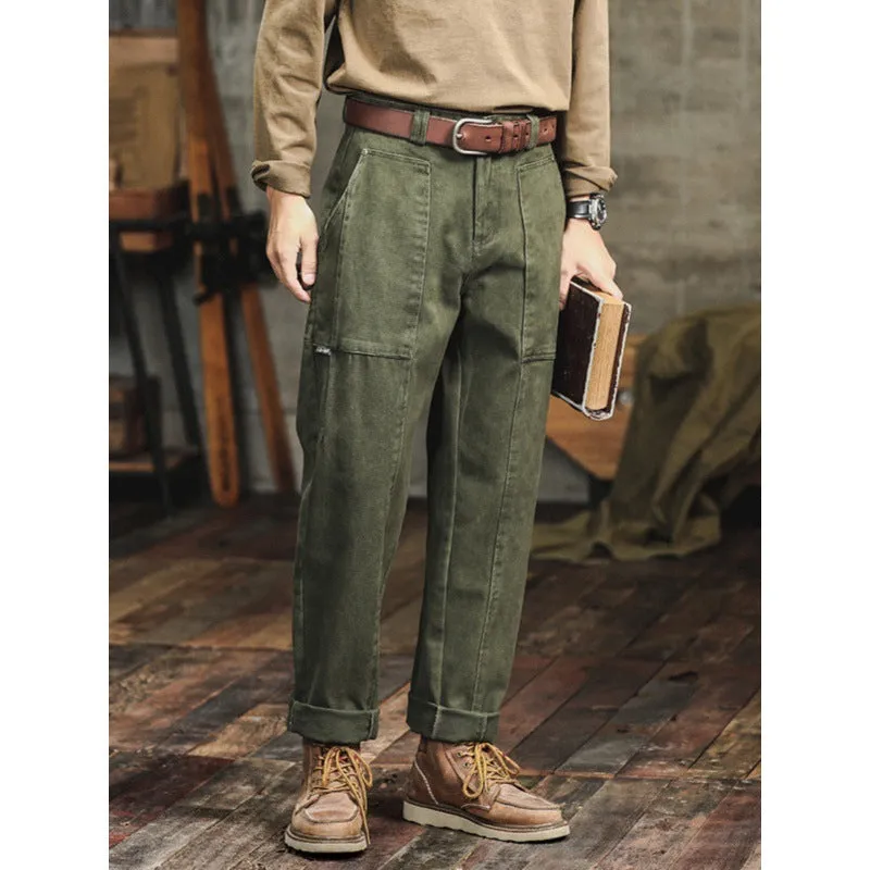 Retro army green casual men's loose straight cotton cargo pants with mid waist