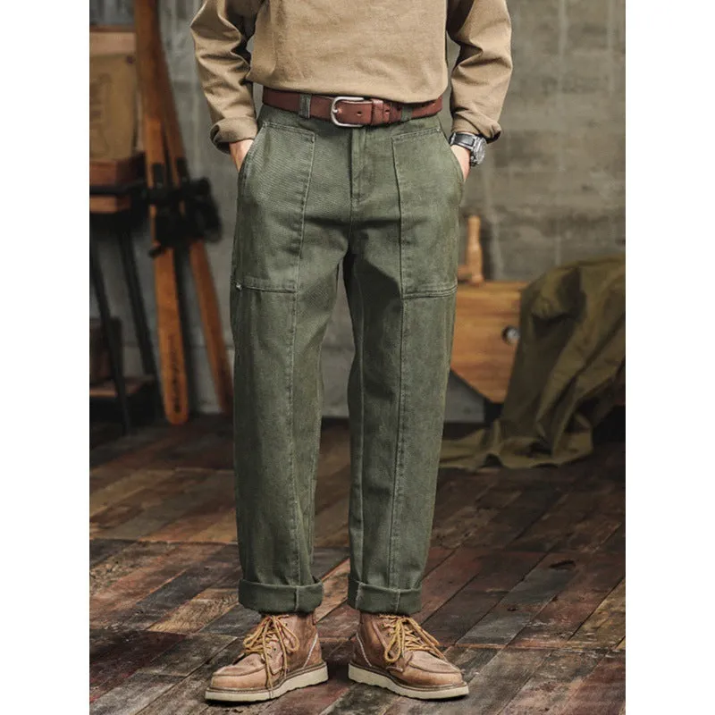 Retro army green casual men's loose straight cotton cargo pants with mid waist
