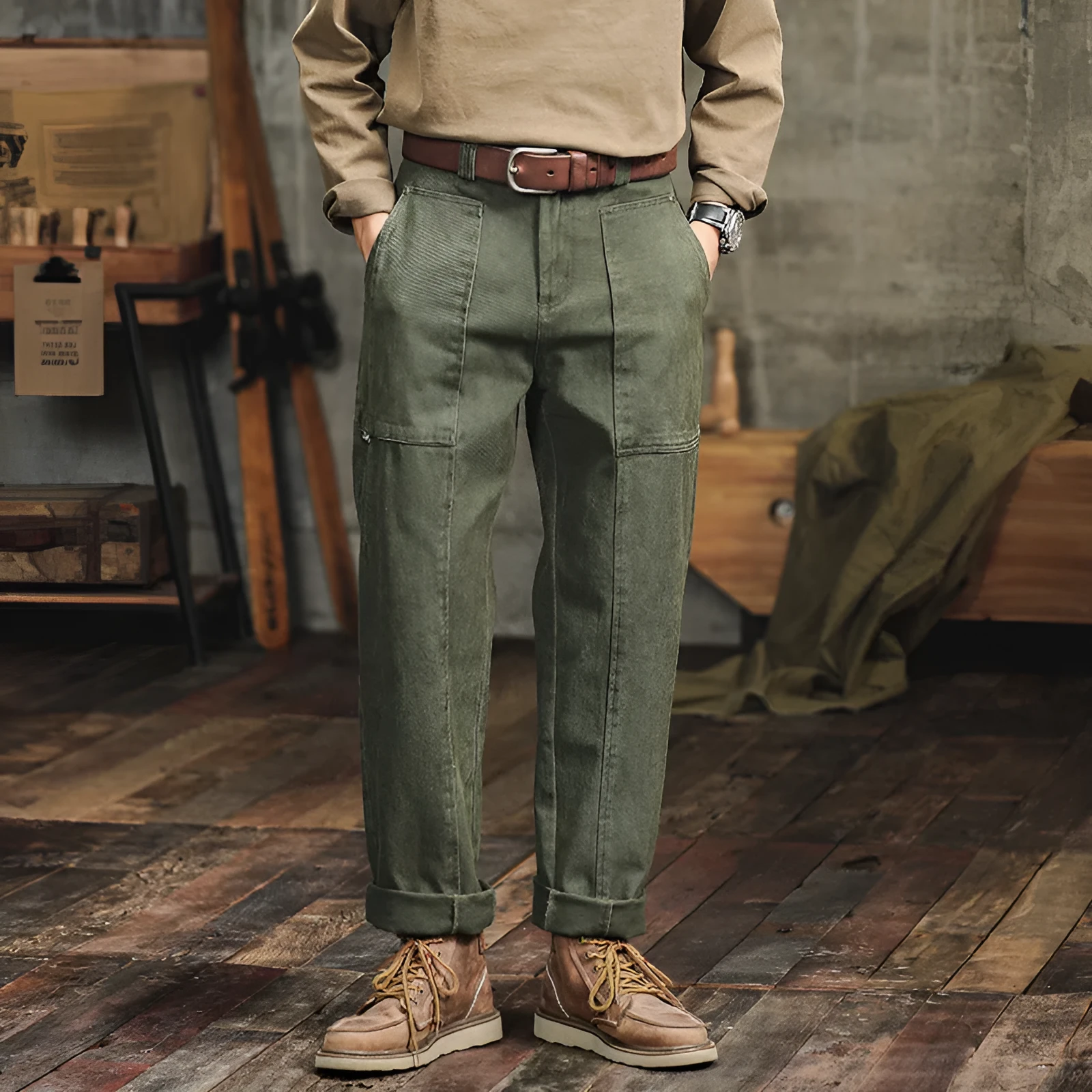 Retro army green casual men's loose straight cotton cargo pants with mid waist