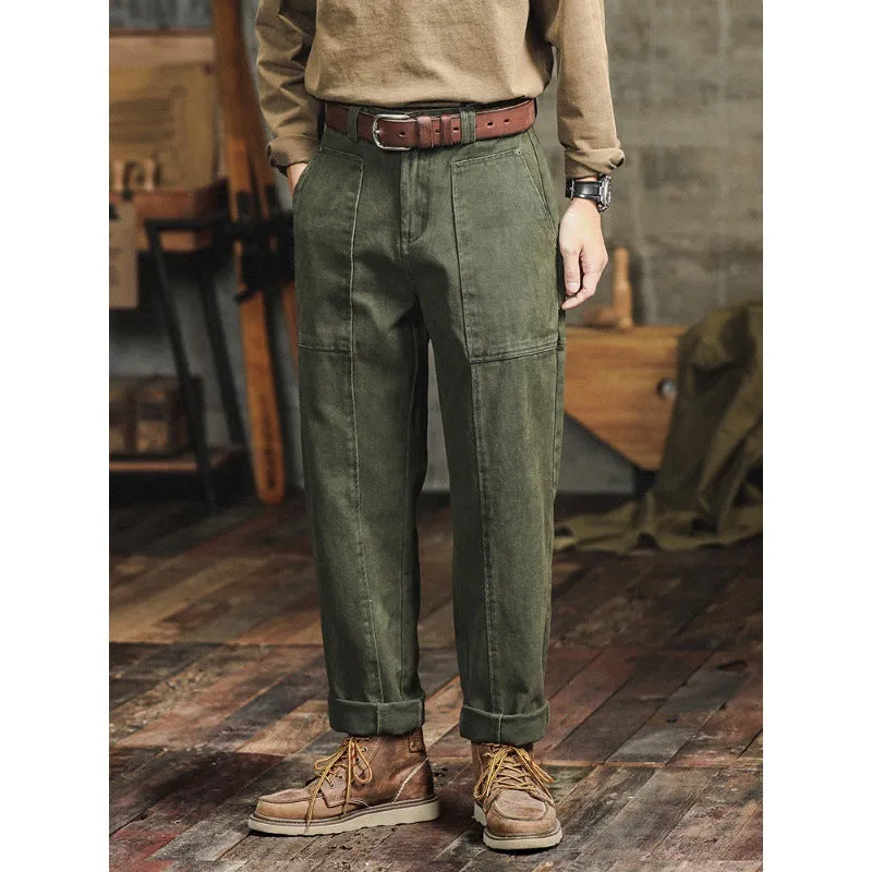 Retro army green casual men's loose straight cotton cargo pants with mid waist