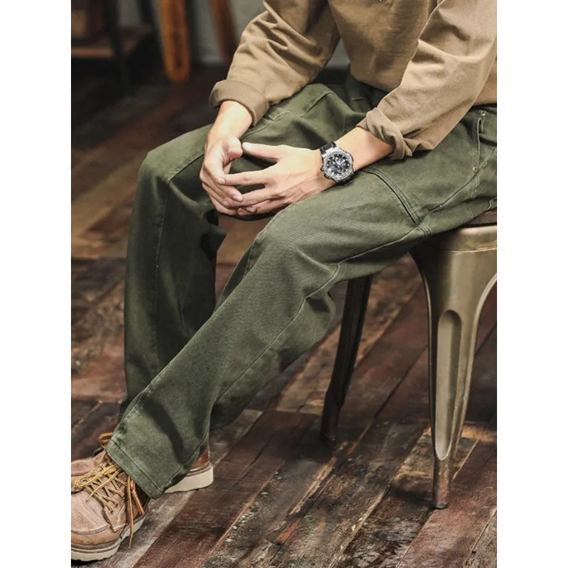Retro army green casual men's loose straight cotton cargo pants with mid waist