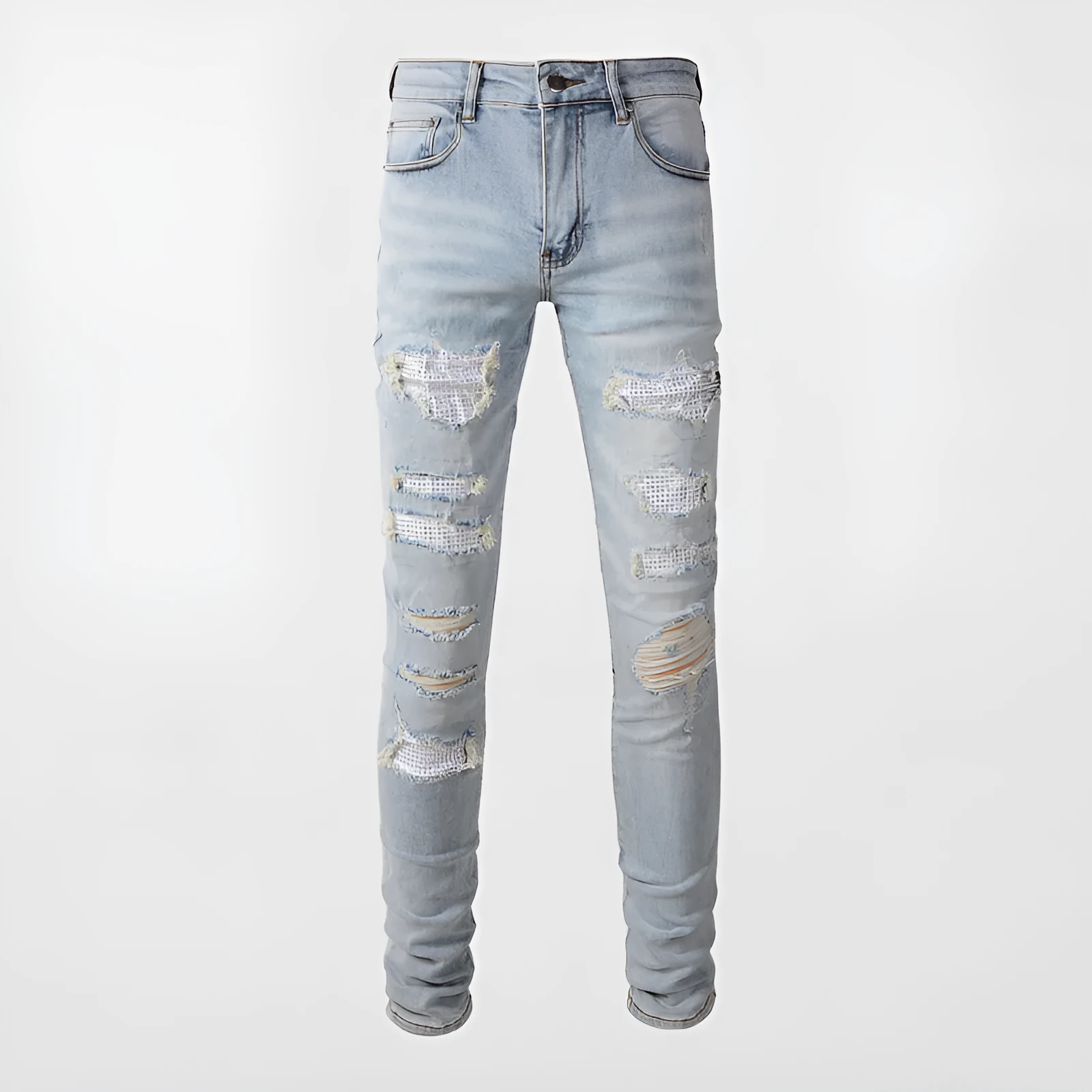 Light blue slim fit stretch jeans for men with hot diamond patch and cat-whisker details