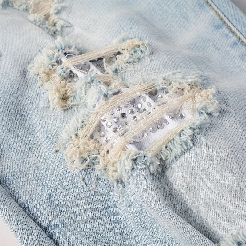 Light blue slim fit stretch jeans for men with hot diamond patch and cat-whisker details
