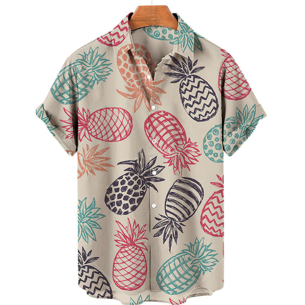 Men's casual fruit print Hawaiian shirt in apricot with short sleeves and lapel collar