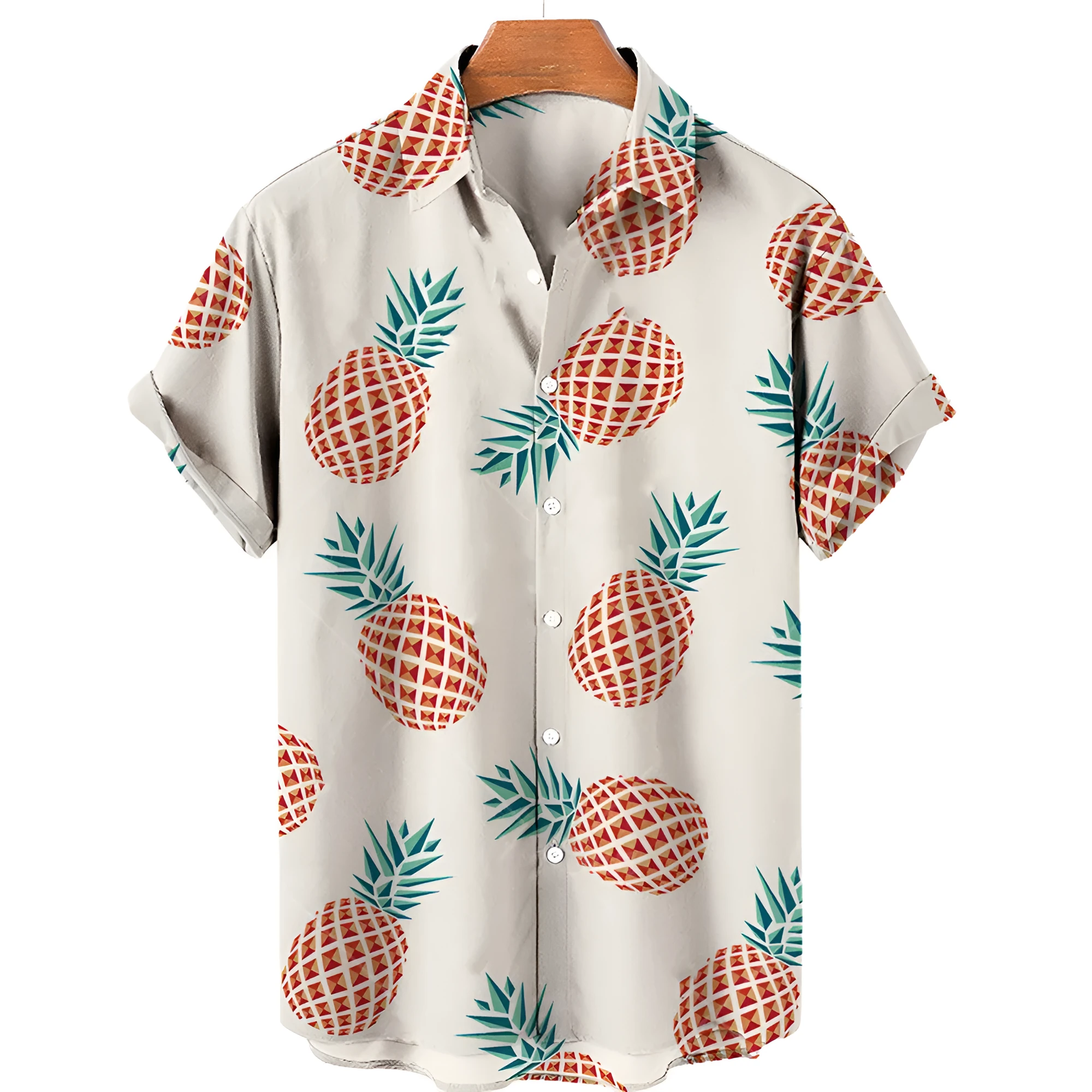 Men's casual fruit print Hawaiian shirt in apricot with short sleeves and lapel collar