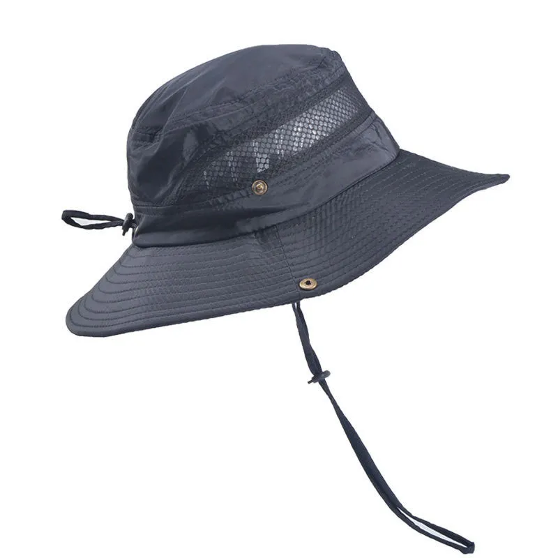 Men's summer fisherman hat in monochrome twill-weave polyester with wide brim and flat top on model