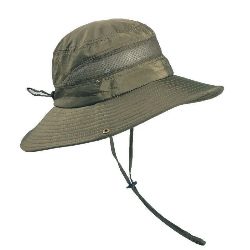 Men's summer fisherman hat in monochrome twill-weave polyester with wide brim and flat top on model