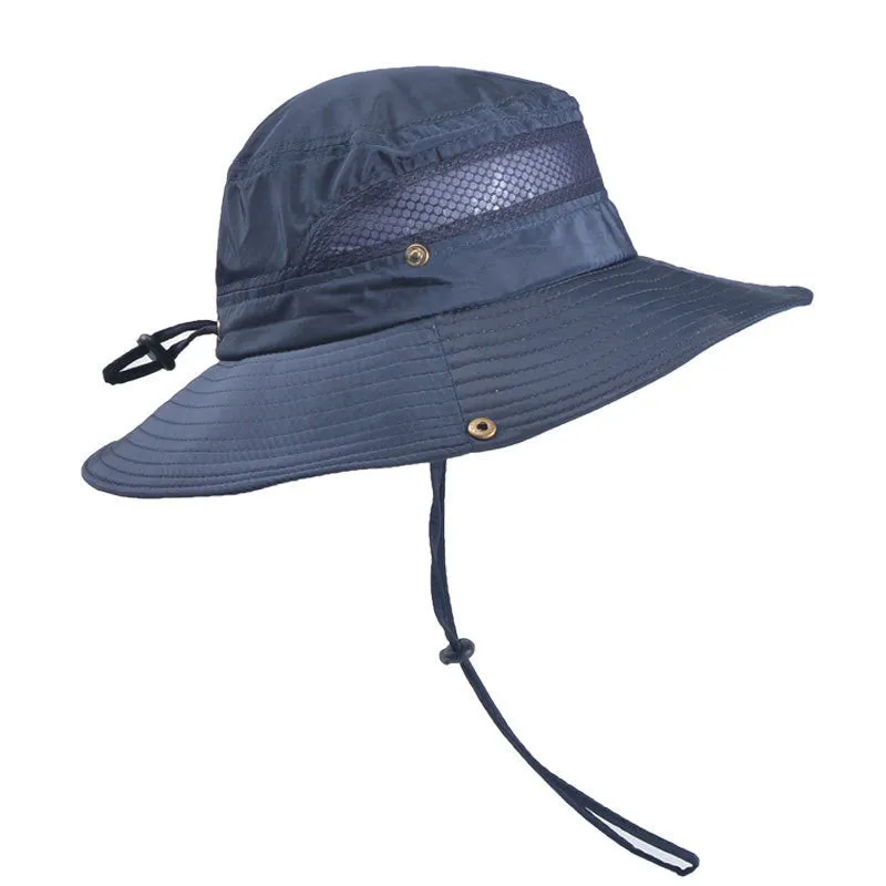 Men's summer fisherman hat in monochrome twill-weave polyester with wide brim and flat top on model