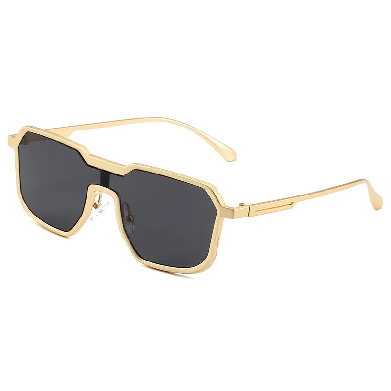 Punk metal sunglasses for men with gold frame and gray piece lenses, personality style