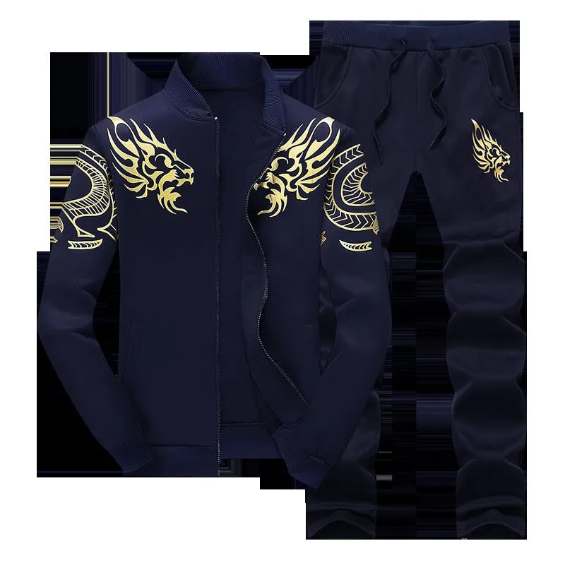 Men's autumn casual suit set black long-sleeved jacket and matching trousers front view