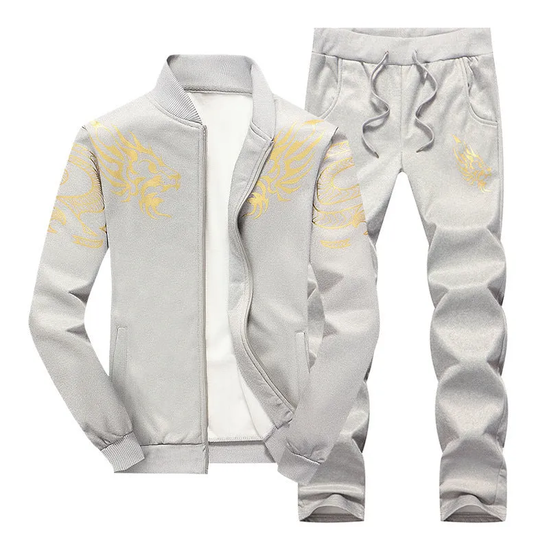 Men's autumn casual suit set black long-sleeved jacket and matching trousers front view
