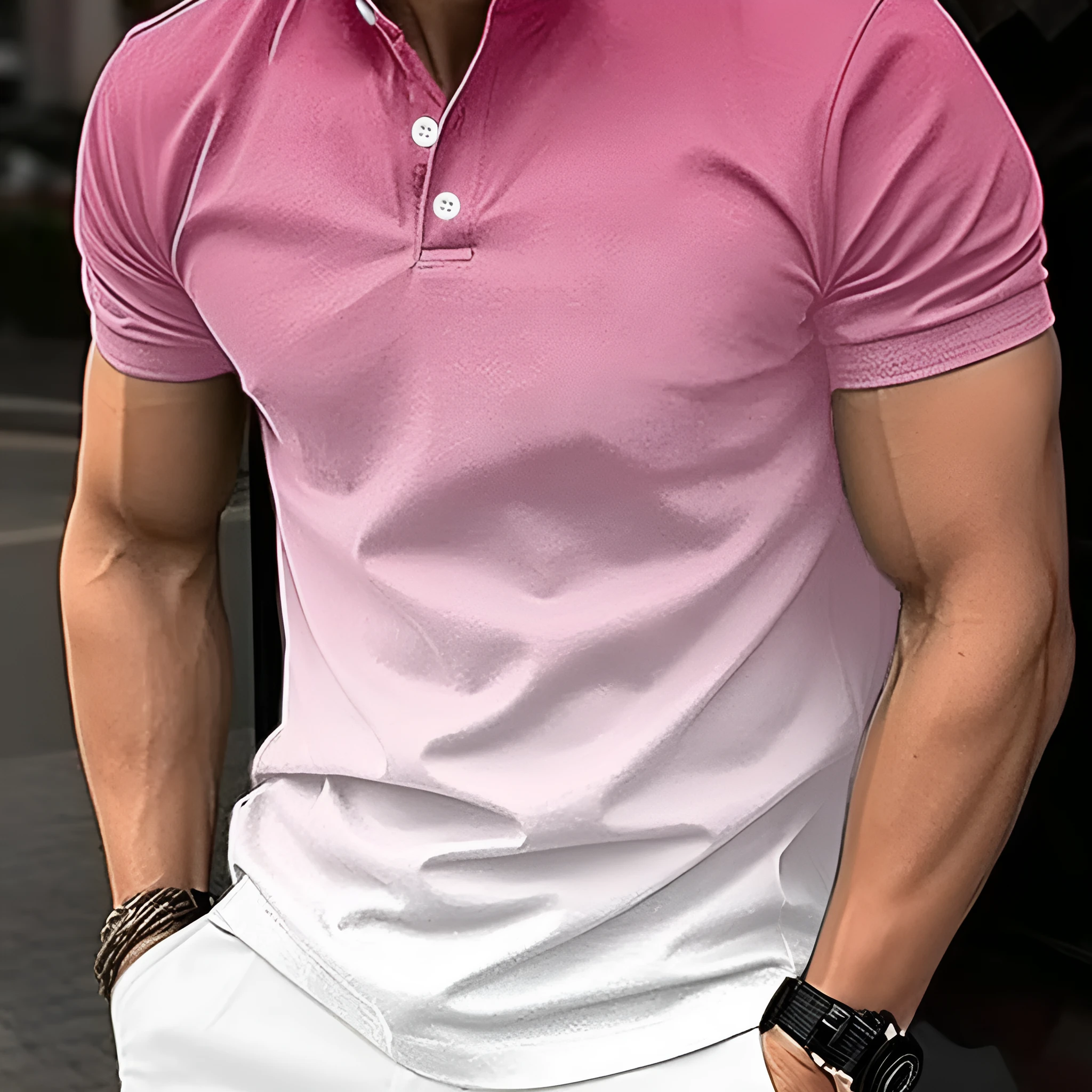 Cotton blend stand collar gradient short sleeve t-shirt in green, regular fit, short sleeves, colour-block pattern