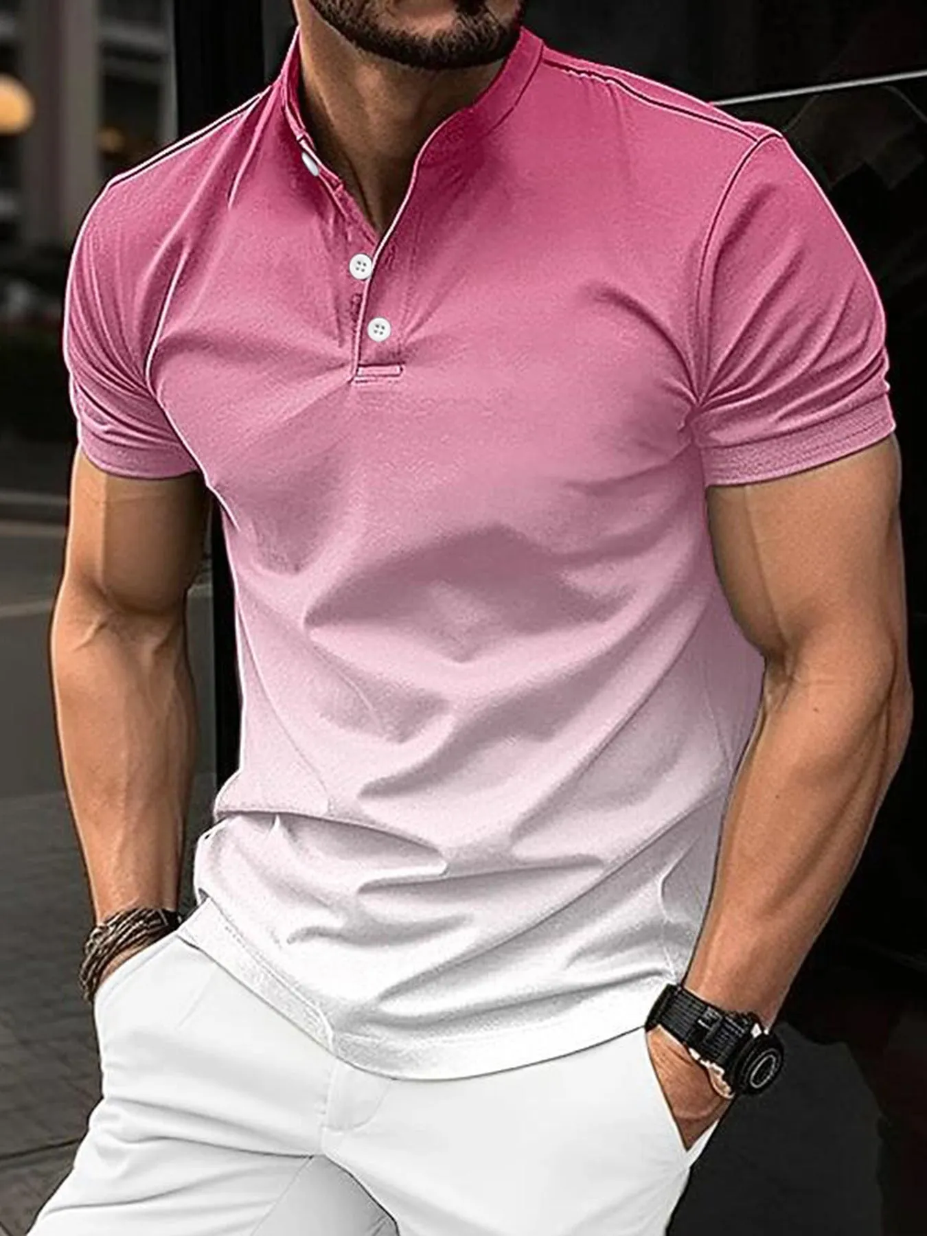 Cotton blend stand collar gradient short sleeve t-shirt in green, regular fit, short sleeves, colour-block pattern