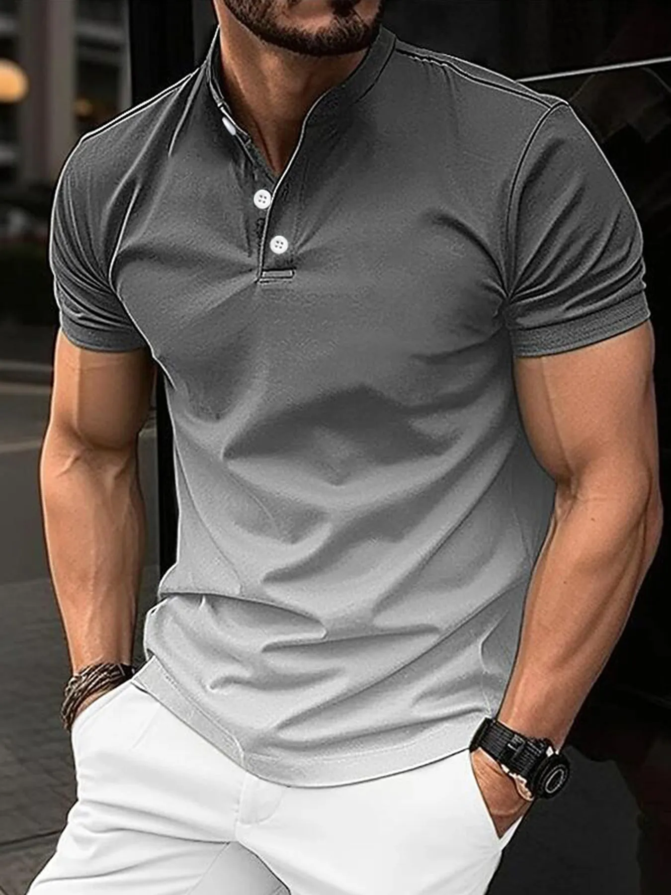 Cotton blend stand collar gradient short sleeve t-shirt in green, regular fit, short sleeves, colour-block pattern
