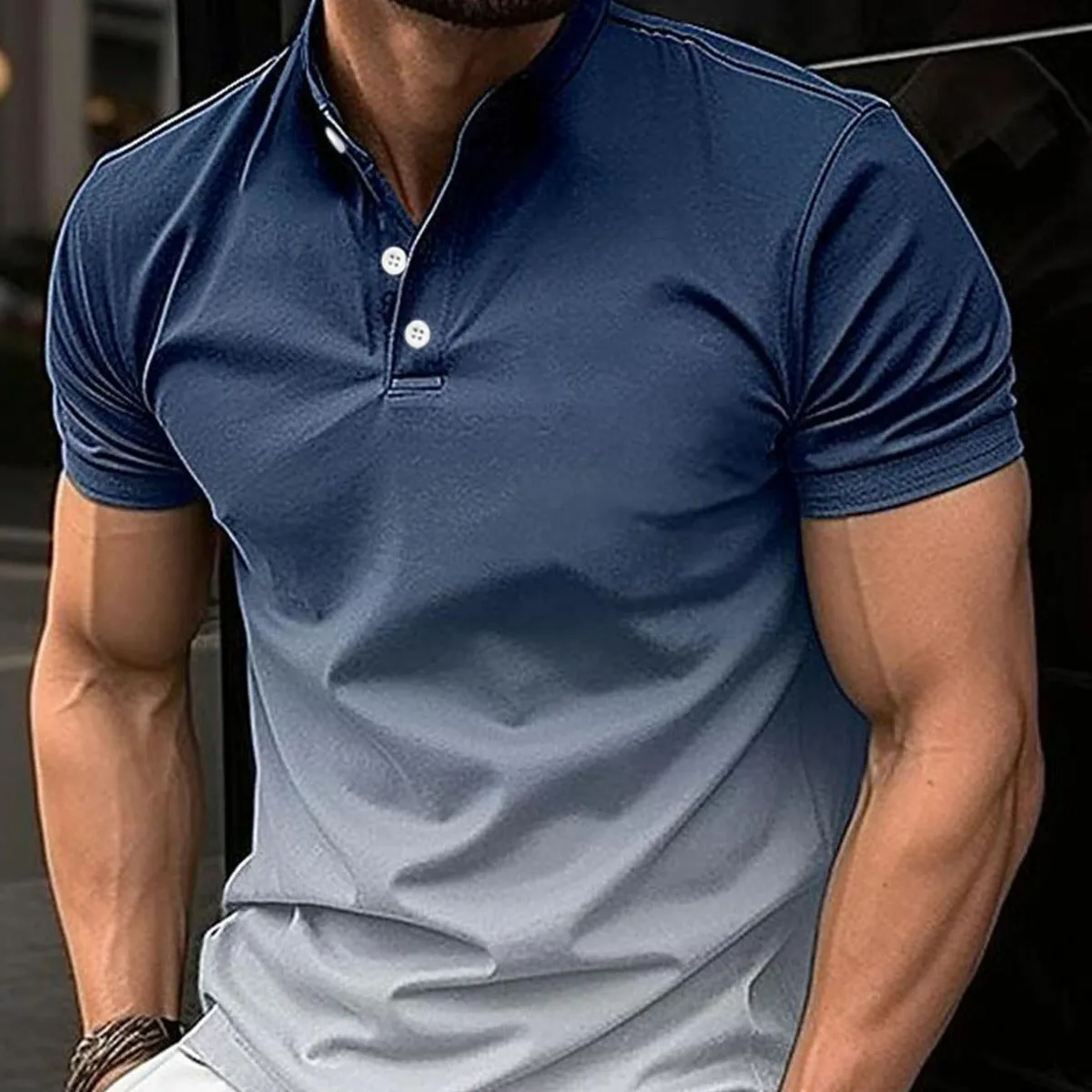 Cotton blend stand collar gradient short sleeve t-shirt in green, regular fit, short sleeves, colour-block pattern
