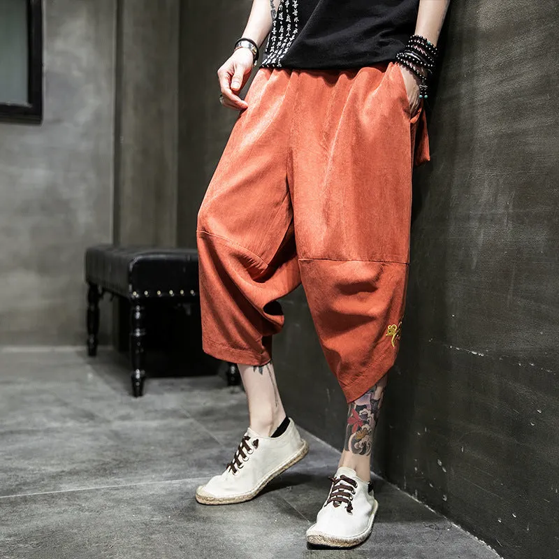 Casual ice silk harem pants in black, loose fit cropped length polyester fibre summer trousers for women