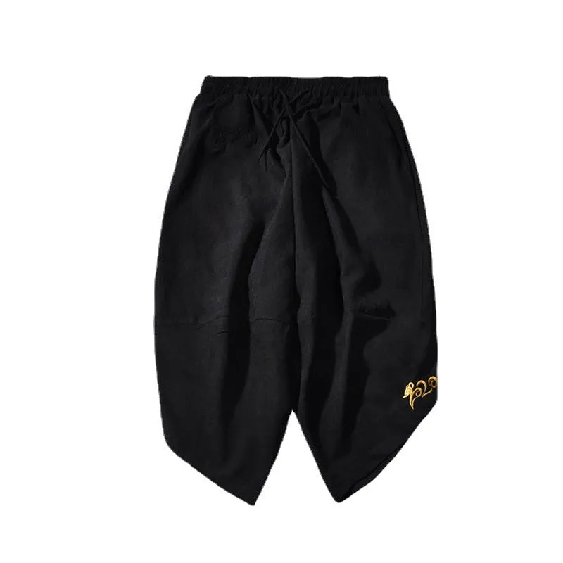 Casual ice silk harem pants in black, loose fit cropped length polyester fibre summer trousers for women