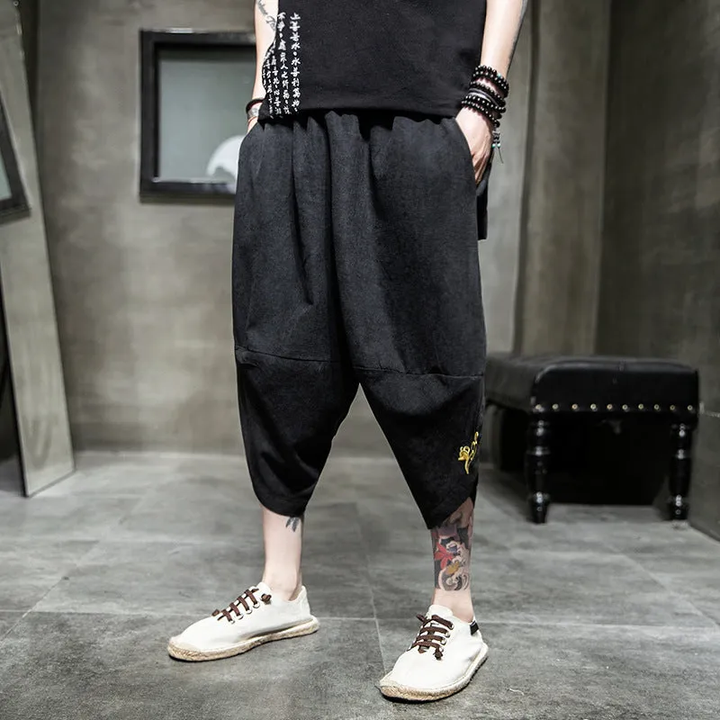 Casual ice silk harem pants in black, loose fit cropped length polyester fibre summer trousers for women