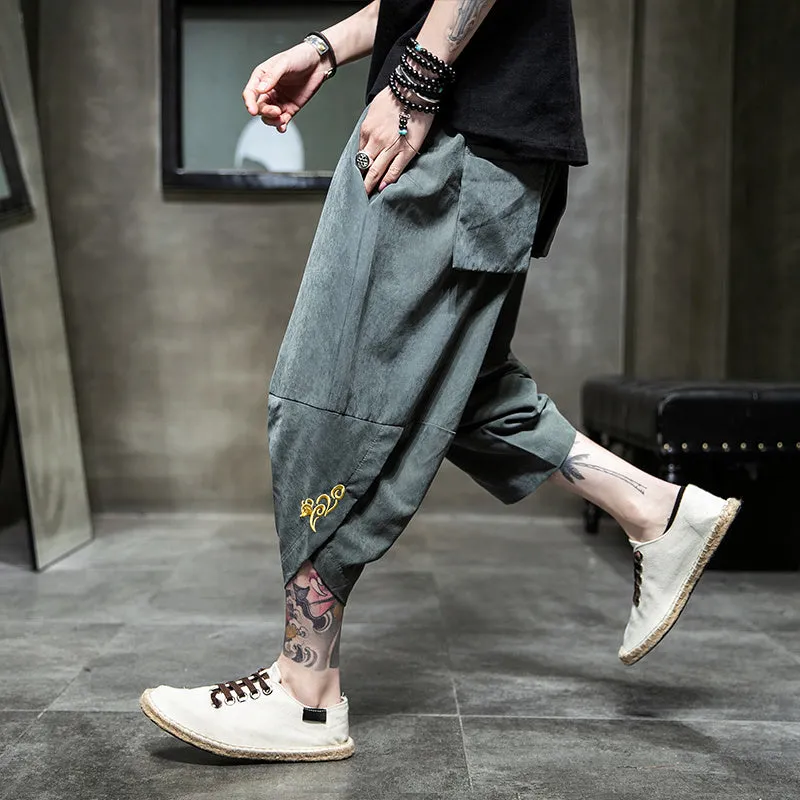 Casual ice silk harem pants in black, loose fit cropped length polyester fibre summer trousers for women