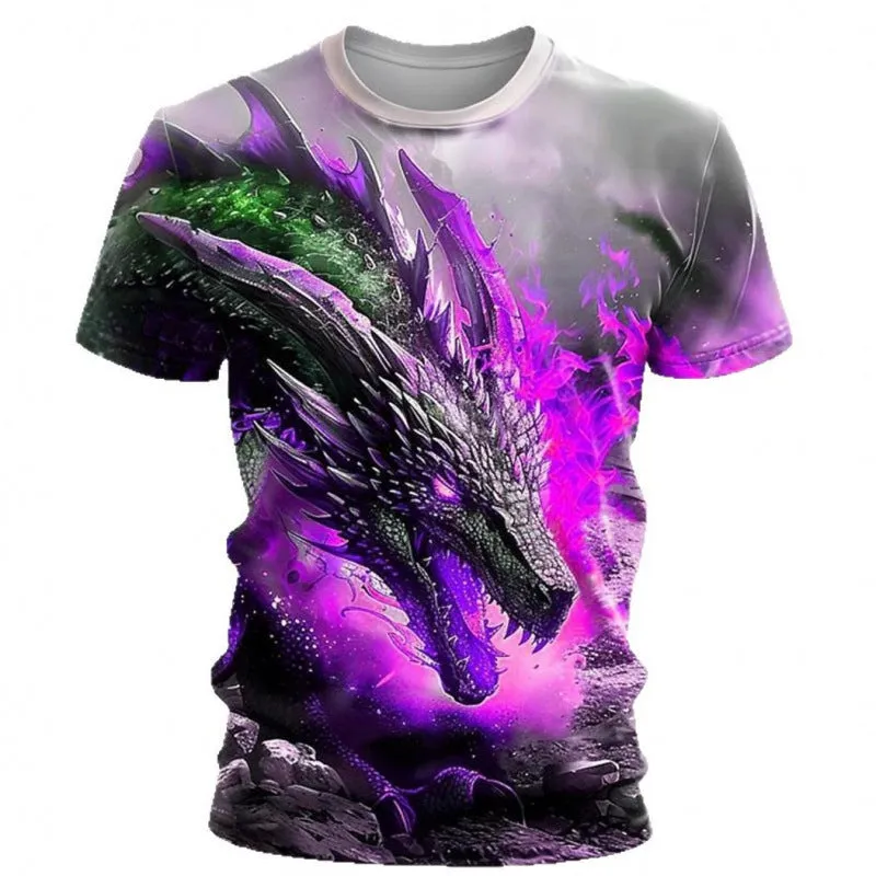 Man wearing a grey T-shirt with a detailed blue and black 3D wind dragon print across the chest.