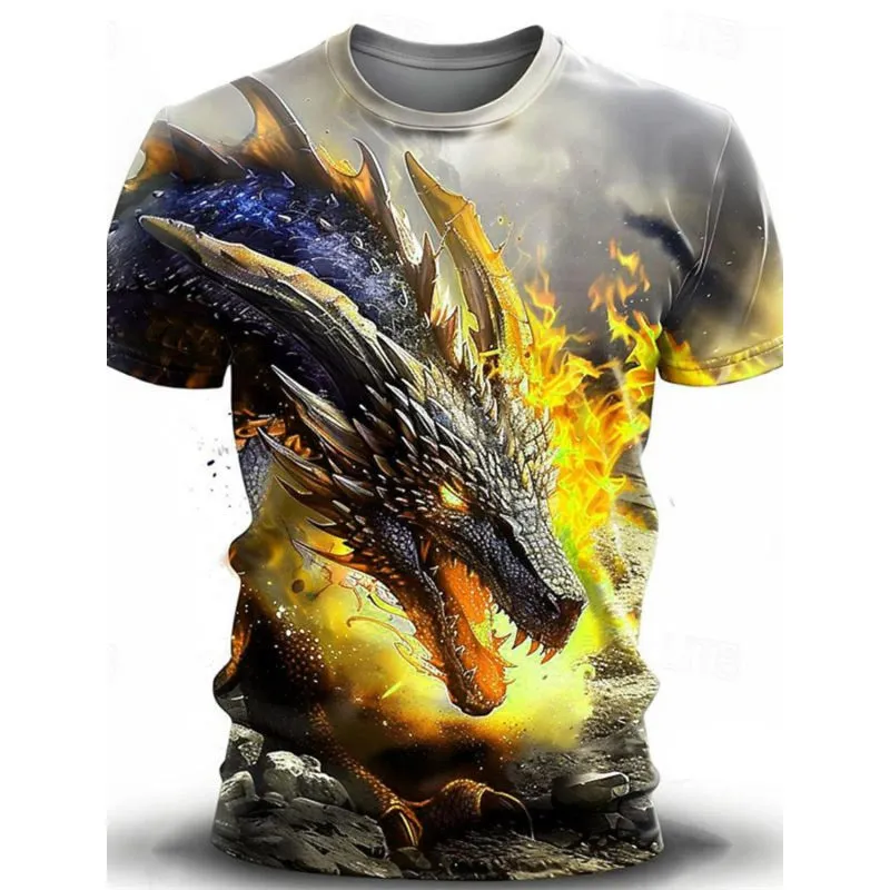 Man wearing a grey T-shirt with a detailed blue and black 3D wind dragon print across the chest.