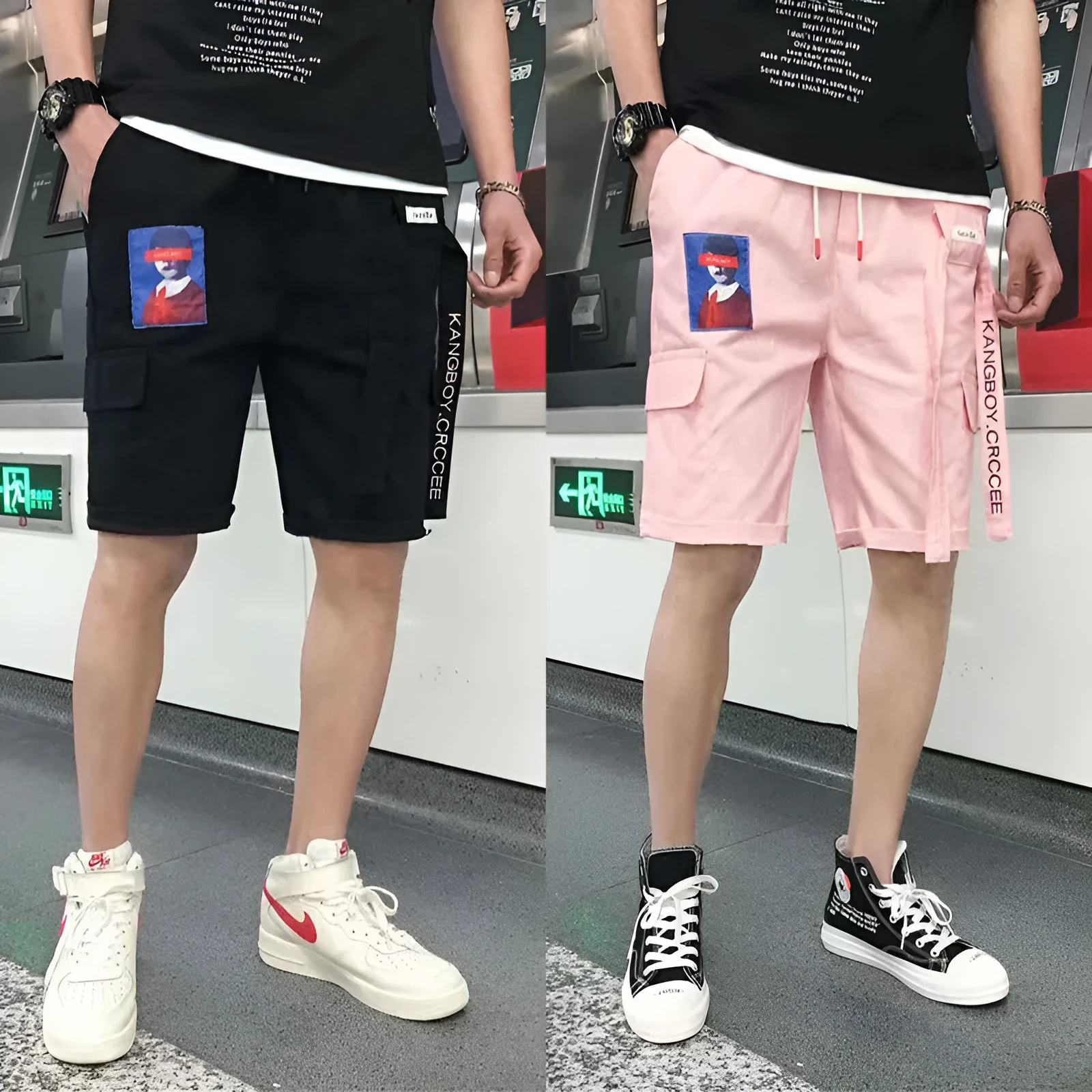 Men hip hop casual loose fit cotton shorts with letter print in black colour