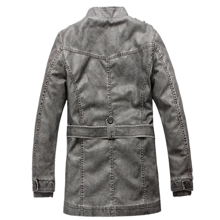 Men's cowhide leather trench coat in brush black with button front and spread collar