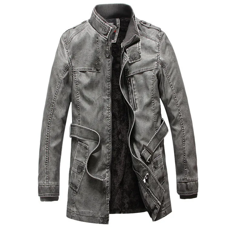 Men's cowhide leather trench coat in brush black with button front and spread collar