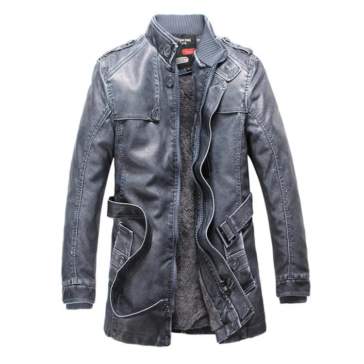 Men's cowhide leather trench coat in brush black with button front and spread collar