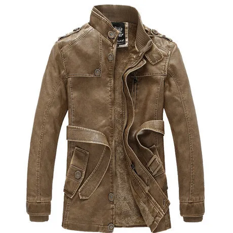 Men's cowhide leather trench coat in brush black with button front and spread collar