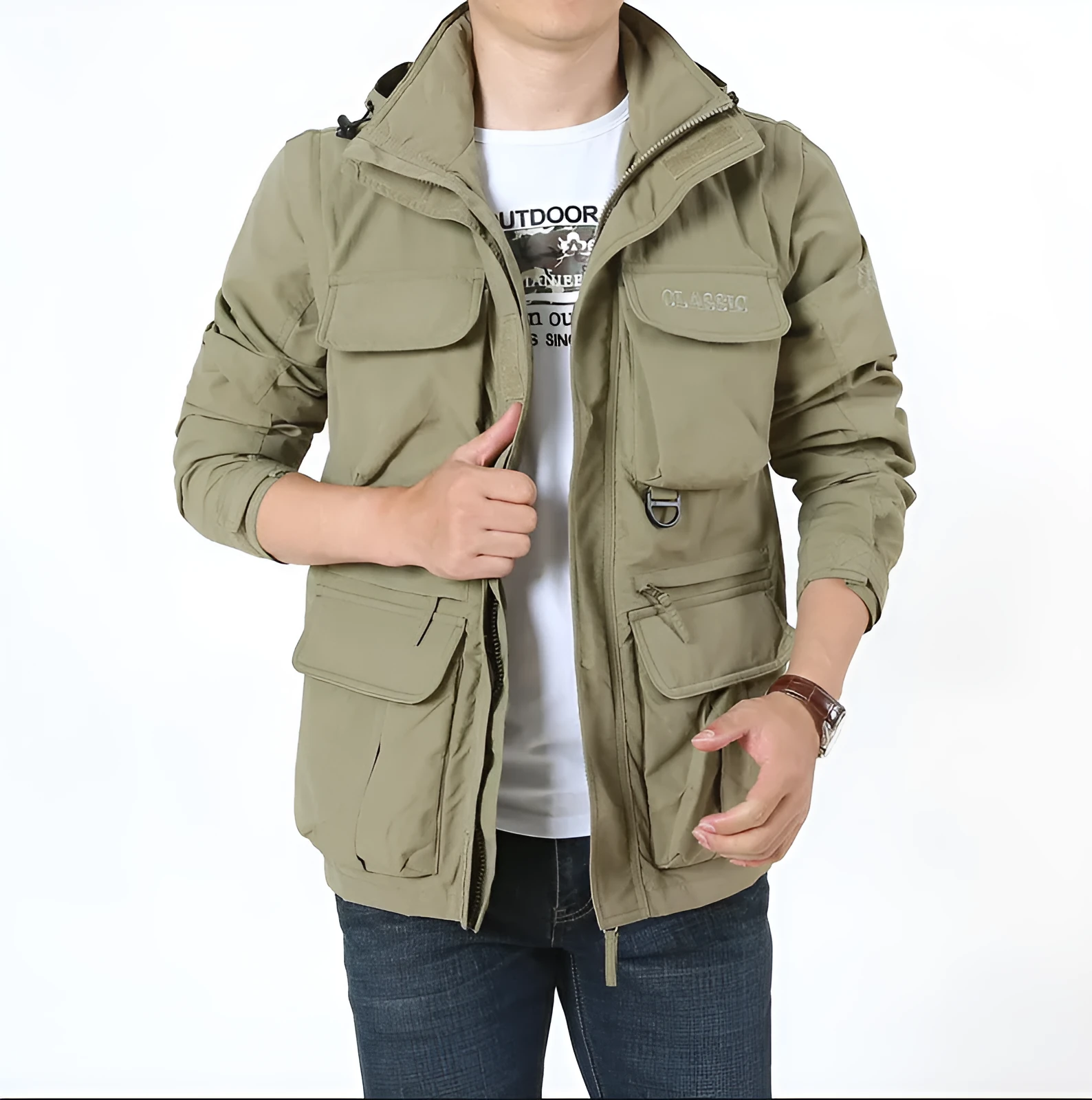 Men's loose fit 100% nylon outdoor mountaineering jacket in army green with front zipper and lapel collar, plus fleece lining option, sizes M to 4XL