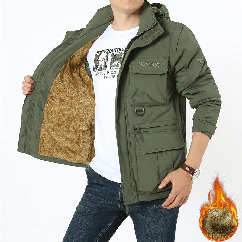 Men's loose fit 100% nylon outdoor mountaineering jacket in army green with front zipper and lapel collar, plus fleece lining option, sizes M to 4XL