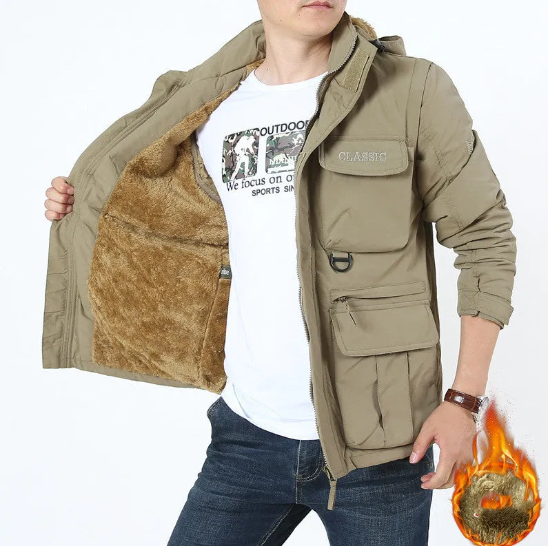 Men's loose fit 100% nylon outdoor mountaineering jacket in army green with front zipper and lapel collar, plus fleece lining option, sizes M to 4XL