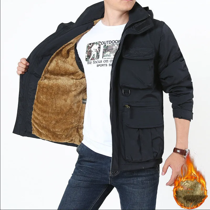Men's loose fit 100% nylon outdoor mountaineering jacket in army green with front zipper and lapel collar, plus fleece lining option, sizes M to 4XL