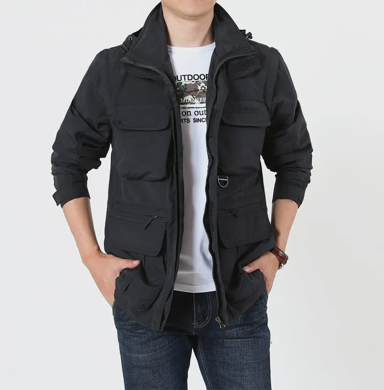 Men's loose fit 100% nylon outdoor mountaineering jacket in army green with front zipper and lapel collar, plus fleece lining option, sizes M to 4XL