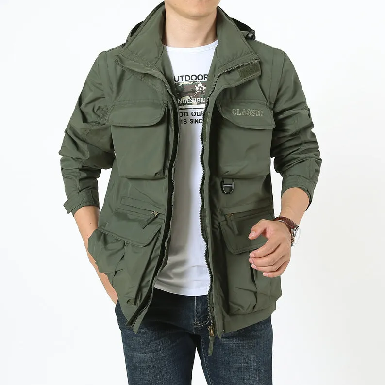 Men's loose fit 100% nylon outdoor mountaineering jacket in army green with front zipper and lapel collar, plus fleece lining option, sizes M to 4XL