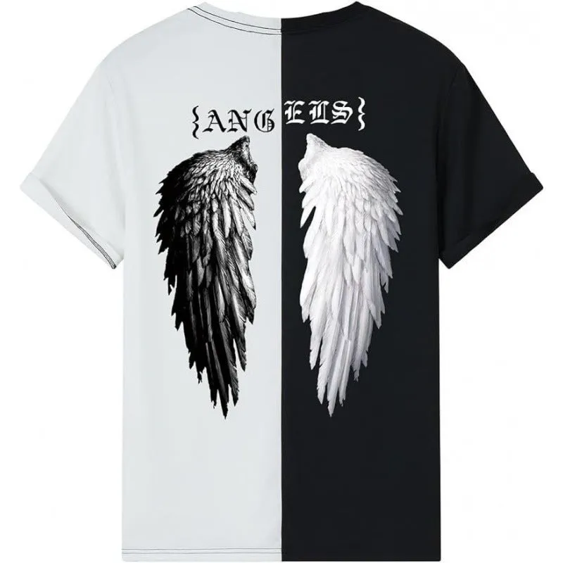 Men's printed short-sleeved street sports T-shirt on a hanger, showing one of the 10 digital print colour styles.