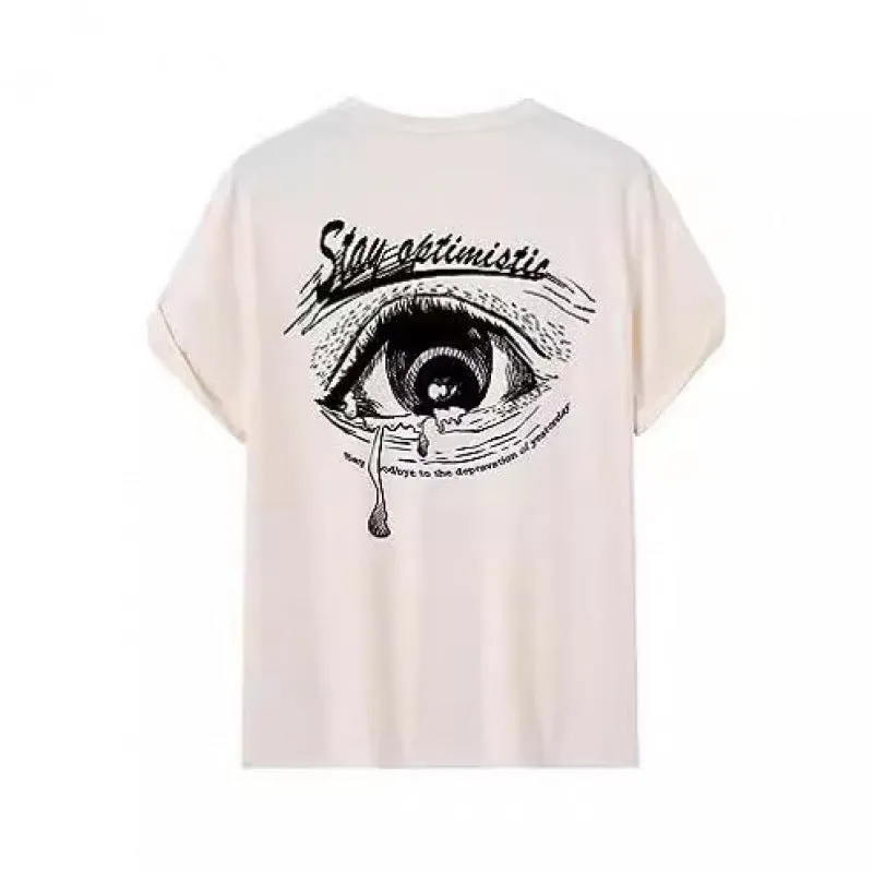 Men's printed short-sleeved street sports T-shirt on a hanger, showing one of the 10 digital print colour styles.