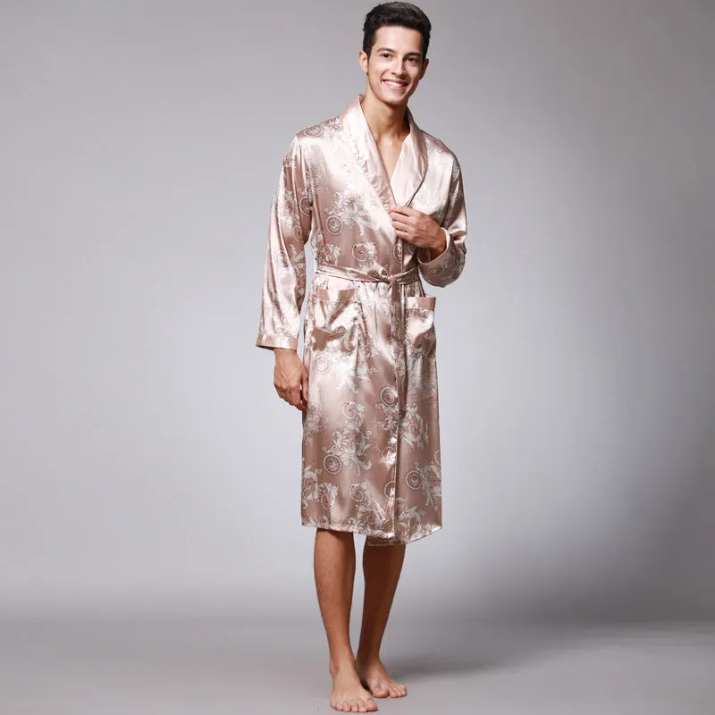 Men silk robe in wine red with V-neck and long sleeves, satin fabric with 95% modal, available in sizes L to 3XL