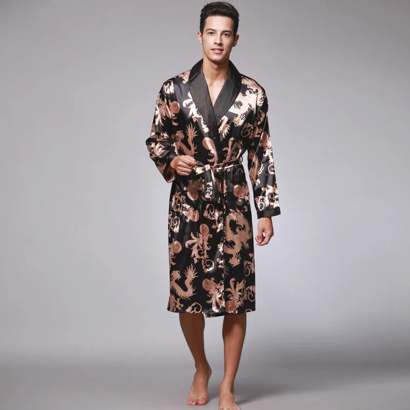 Men silk robe in wine red with V-neck and long sleeves, satin fabric with 95% modal, available in sizes L to 3XL