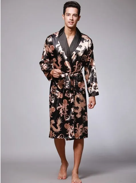 Men silk robe in wine red with V-neck and long sleeves, satin fabric with 95% modal, available in sizes L to 3XL
