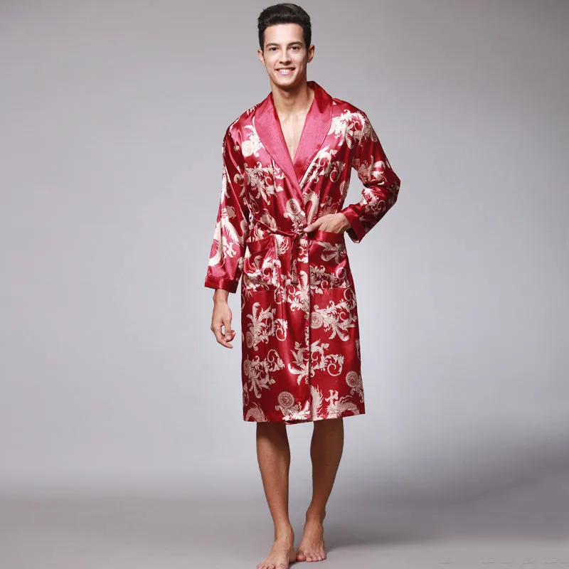 Men silk robe in wine red with V-neck and long sleeves, satin fabric with 95% modal, available in sizes L to 3XL
