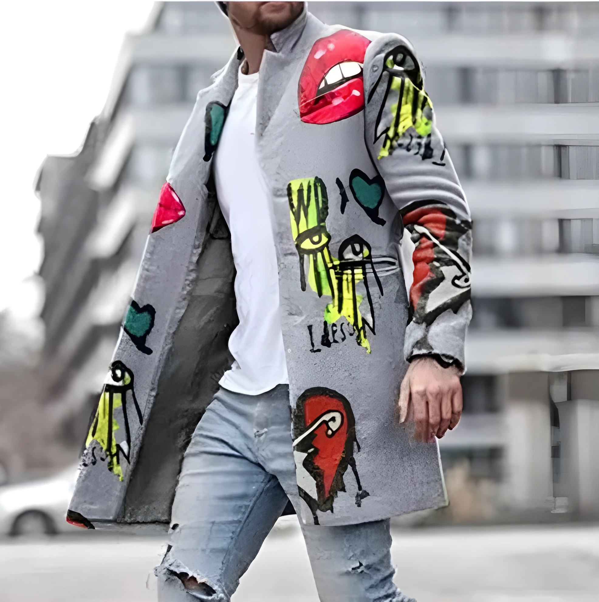 Men's grey loose button long trench coat winter cotton blend front view