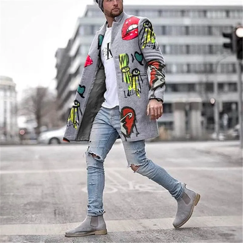Men's grey loose button long trench coat winter cotton blend front view