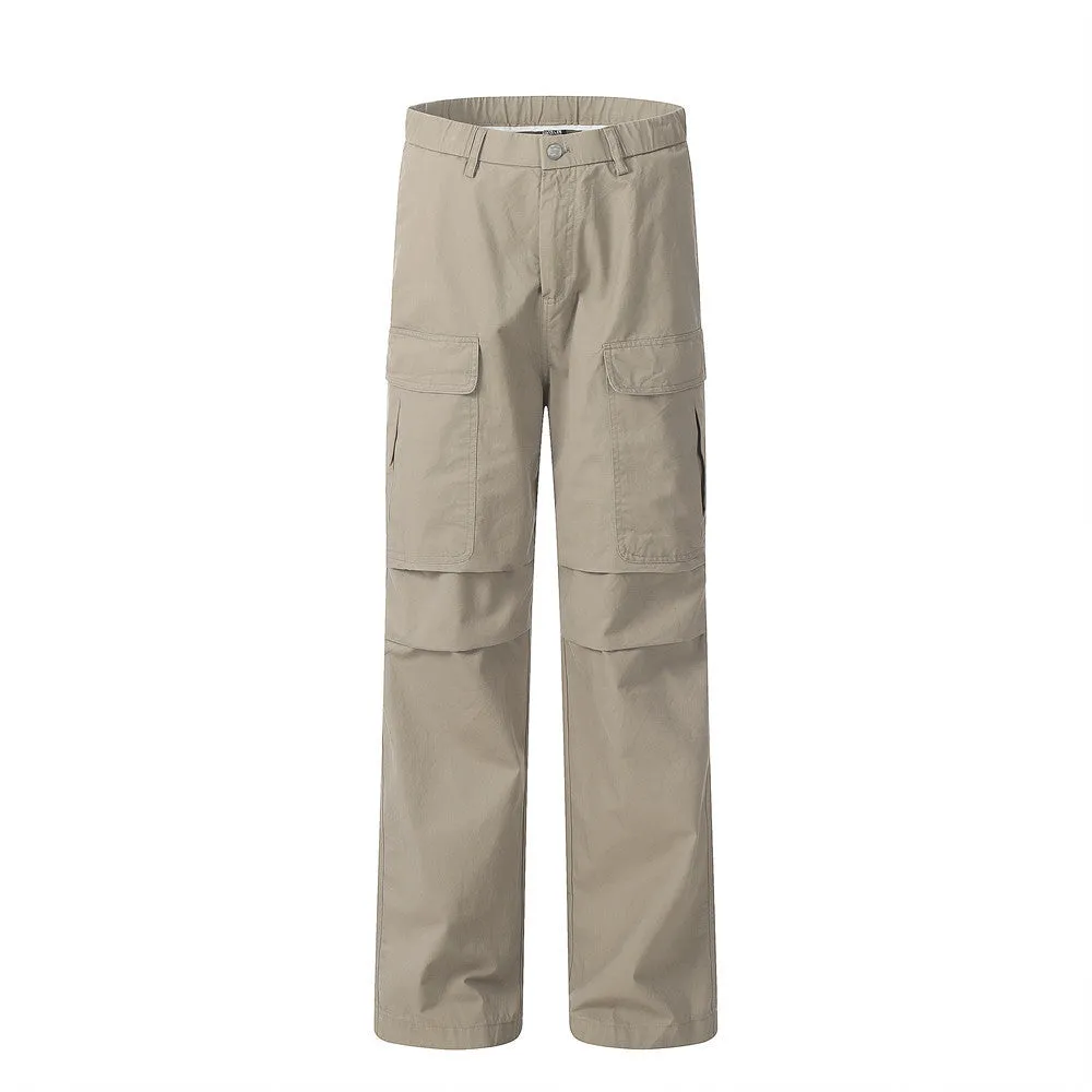 Men's solid colour cotton casual trousers in khaki, full-length view on display